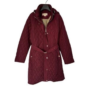 NWOT WOMENS MICHAEL KORS MAROON PUFFER COAT ZIP UP KNEE LENGTH W/ BELT & HOOD 1X